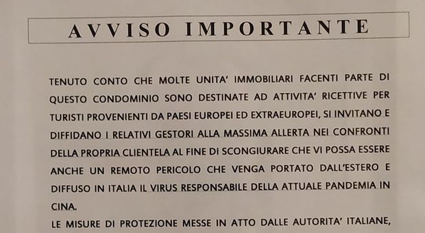 Coronavirus, l'avviso in un condominio a Roma: «Non affittate a turisti sospetti»