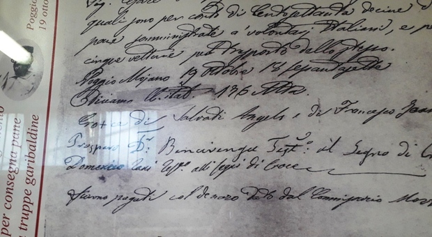 Il documento che attesta la consegna nel 1867 alle truppe garibaldine