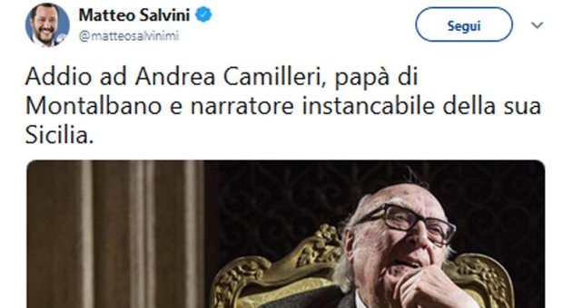 Camilleri, l'omaggio di Salvini irrita i social. Un mese fa l'attacco: «Scrivi che ti passa»