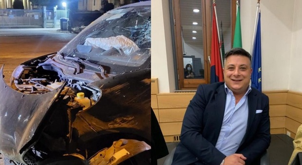 L'assessore comunale di Ceccano Riccardo Del Brocco e la sua auto distrutta nell'incidente lungo l'asse attrezzato di Frosinone
