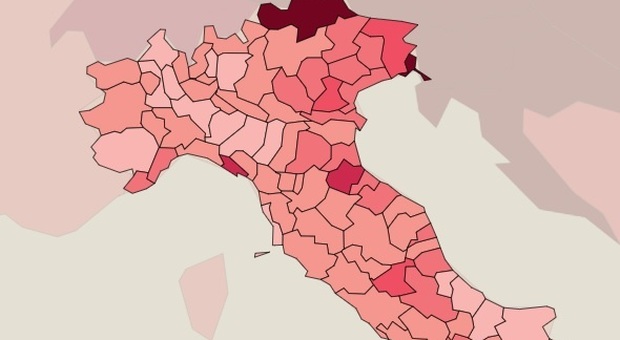 I contagi in Italia per provincia, quelle con colore scuro registrano la diffusione più alta del virus