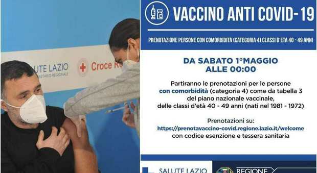 Prenotazione vaccini Lazio, dal 1° maggio via agli under 50 (40-49 anni) con patologie