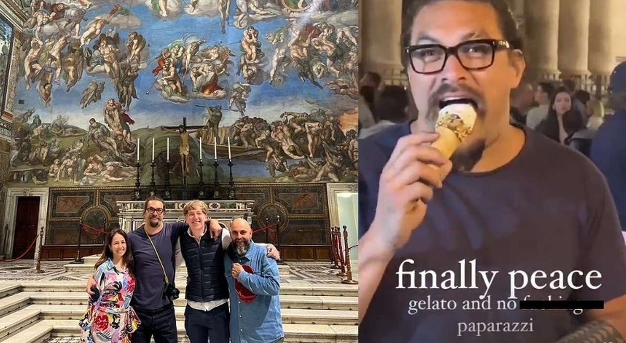 Jason Momoa a Roma: la foto proibita alla Cappella Sistina e il gelato a Fontana di Trevi (dove nessuno lo riconosce)